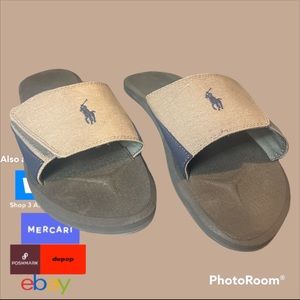 NWOT POLO VELCRO TAN AND BLUE SLIDES SIZE 11